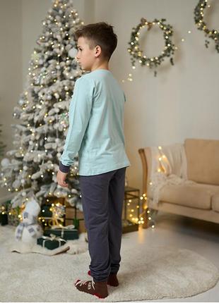 Пижама для мальчика штаны и бирюзовая кофта с динозавром 148742 фото