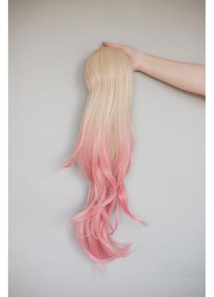Накладной хвост блонд с розовыми кончиками на резинке затяжке