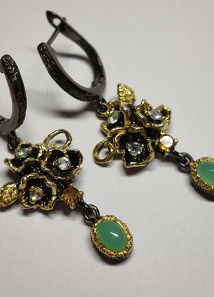 Серебряный комплект украшений серьги и кольцо ручной работы с камнями хризопразами топазами и цитрином6 фото