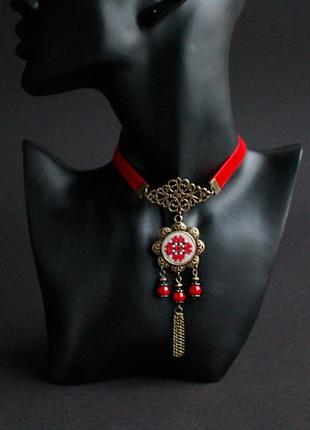Красный колье чокер бархатный с кораллом украинское ожерелье к вышиванию