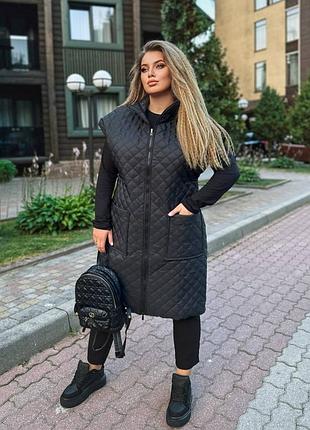 Жилет стеганный удлиненный батал на молнии воротник стойка плечо спущенное накладные карманы ткань плащевка канада синтепон 150 подклад