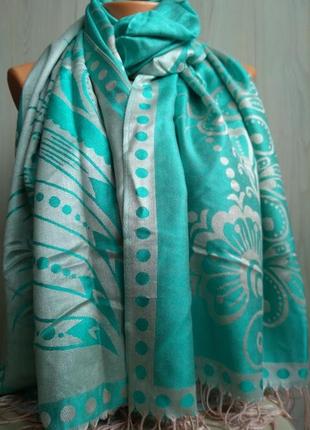 Красивый двусторонний шарф палантин весна, демисезон, бежевый бирюзовый1 фото