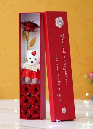 Подарочная коробка с розами из мыла и мишкой цветочный подарок на день влюбленных, подарок для девушки3 фото