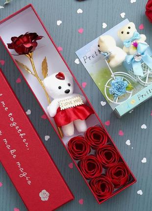Подарочная коробка с розами из мыла и мишкой цветочный подарок на день влюбленных, подарок для девушки