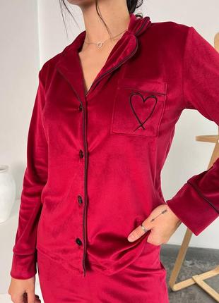 Червона велюрова піжама сердечко/домашній костюм сорочка і штани