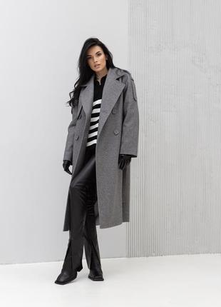 Пальто жіноче демісезонне елегантне двобортне вовняне весняне осіннє ділове, сіре