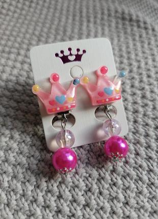 Дитячі кліпси для вух сережки гарні для дівчинки корони вісюльки дівчат прикраси біжутерія обманки рожеві сині бірюзові білі бузкові4 фото
