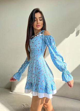Платье короткое мини беби долл в цветочек приталенное с рюшами оборками с рукавами фонариками с открытыми плечами белое чёрное голубое нарядное 
🔥