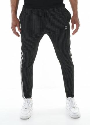 Мужские брюки (штаны) легкие зауженные  в полоску с лампасами черный турция ls5003 фото