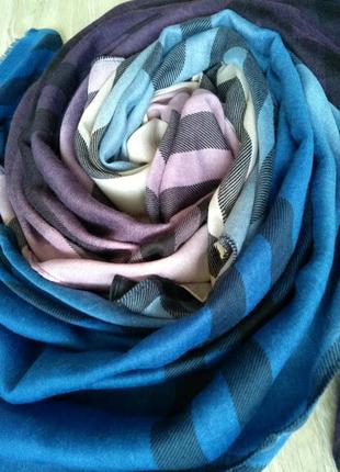 Стильный весенний шарф палантин в клетку. фиолетовый + кремовый + синий, вискоза2 фото