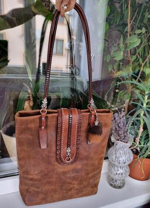 Кожаная сумка винтаж, сумка шоппер, сумка вестерн стиль, винтажная сумка, шоппер, седловая кожа