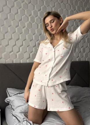 Муслиновая пижама,  домашний комплект  рубашка + шортики