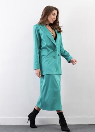 Костюм двойка пиджак жакет и юбка миди зеленый коричневый3 фото