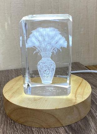 Нічник кришталевий куб із гравіюванням ваза з квітами з led-підставкою підсвіткою usb 5 в2 фото