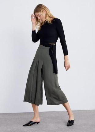 Zara льняные брюки кюлоты цвет хаки4 фото