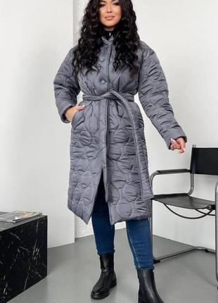 Куртка довга стьобана сіра  пальто жіноча 50
