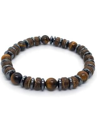 💪🐯хит! стильный мужской браслет-резинка из дерева и тигрового глаза