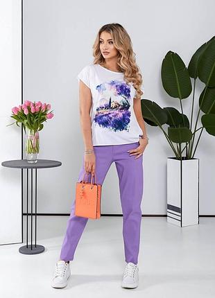 Брючный костюм женский весенний на весну демисезонный спортивный бежевый синий лиловый повседневный брюки штаны джоггеры футболка батал