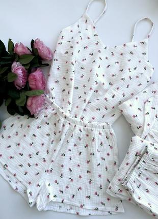Піжама муслін квіти тюльпани муслин пижама натуральна набір майка шорти сорочка штани5 фото