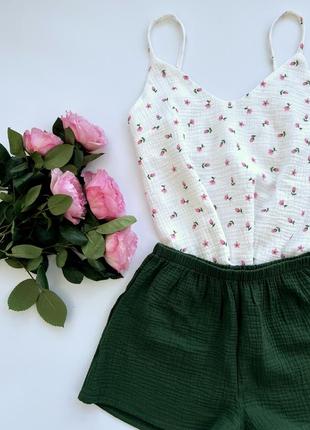 Піжама муслін квіти тюльпани муслин пижама натуральна набір майка шорти сорочка штани6 фото