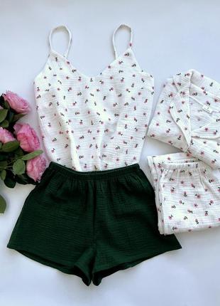Піжама муслін квіти тюльпани муслин пижама натуральна набір майка шорти сорочка штани2 фото