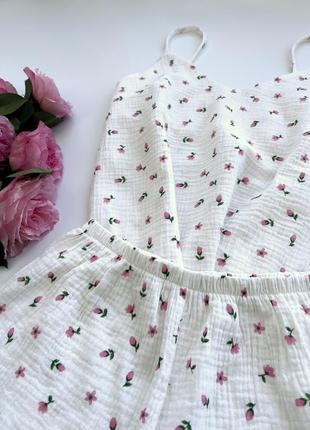 Піжама муслін квіти тюльпани муслин пижама натуральна набір майка шорти сорочка штани4 фото