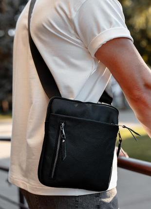 Сумка-мессенджер із натуральної шкіри, сумка через плече чоловіча skill karter (чорна)6 фото