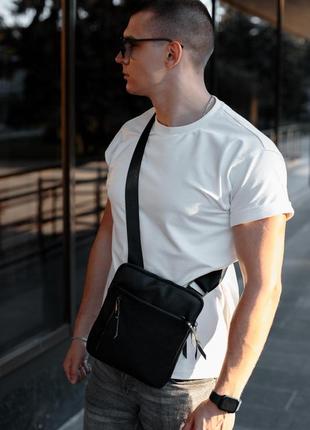 Сумка-мессенджер із натуральної шкіри, сумка через плече чоловіча skill karter (чорна)7 фото