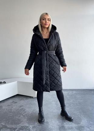 Стёганое пальто с поясом, на размер 50-52, черное2 фото