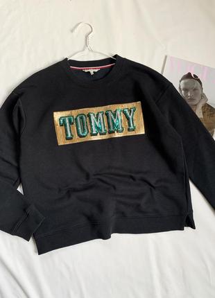 Свитшот, кофта, базовый, черный, с пайетками, tommy hilfiger