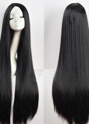 Парик женский длинный прямой черный с пробором без челки 100см из термоволокна