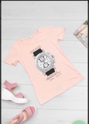 Стильная розовая пудра футболка с рисунком принтом часами
