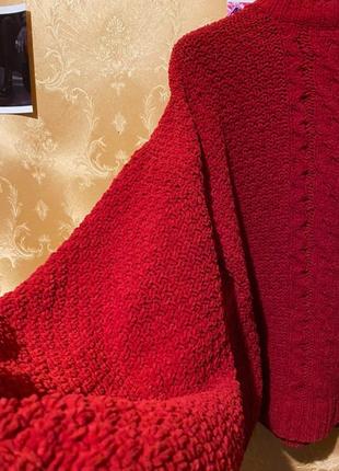 Красный свитер-коса оверсайз с рукавами буфами велюр3 фото