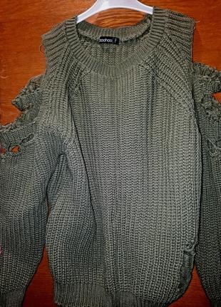 Трендовый рваный свитер, свитер, свитерик м-л, хаки, электрик1 фото