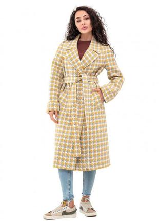 Пальто женское демисезонное широкого кроя, с поясом, шерстяное, в принт гусиная лапка, желто серое1 фото