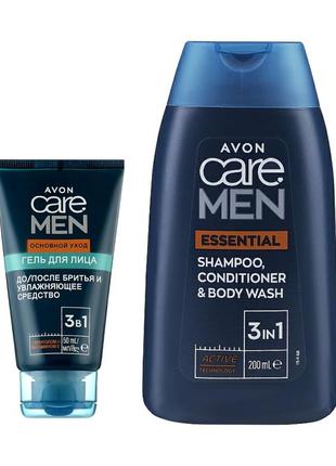 Чоловiчiй набiр avon care men, шампунь-гель для душу + гель до/ пiсля голiння