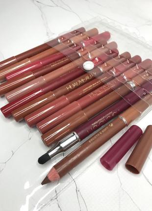 Набор ярких и нюдовых карандашей для губ с кисточкой 12 шт. huda beauty1 фото