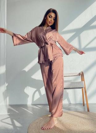 Шелковая пижама рубашка кимоно с поясом + штаны прямого кроя шелк армани🔥4 фото