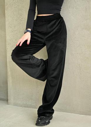 М'які велюрові чорні спортивні штани з кишенями, штани велюр рубчик1 фото