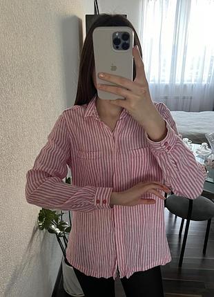 Льняная розовая рубашка в белую полоску marks & spencer