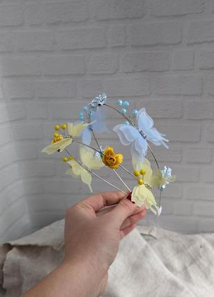 Обруч обідок з жовто-блакитними метеликами2 фото