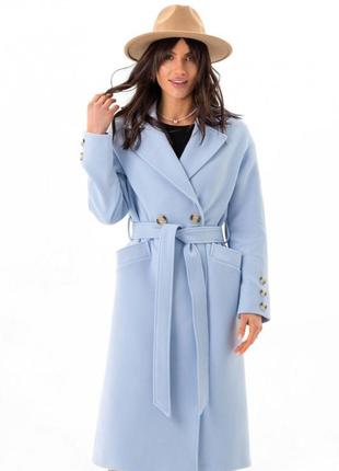 Пальто женское демисезонное, кашемировое, шерстяное, двубортное на пуговицах оверсайз, деми, голубое3 фото
