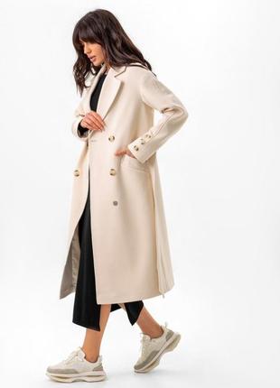 Пальто женское демисезонное кашемировое шерстяное двубортное на пуговицах оверсайз, светлое молочное6 фото
