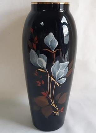 Ваза стекло черный баклажан, роспись цветы, 22 см.