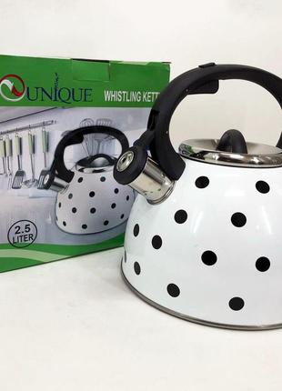 Чайник із свистком для газової плити unique un-5301 2,5л горошок, чайники для плит. mx-206 колір: білий8 фото