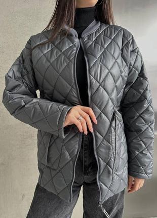 Бомбер (курточка з капюшоном) жіночий подовжений весняний 44-56 графіт (темно-сірий) плащівка лаке стьобана, силікон 120