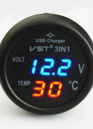 Годинник термометр + вольтметр vst 706-5 у прикурювач + usb (сієк)2 фото