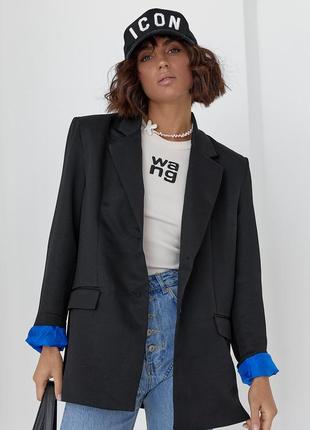 Пиджак женский длинный черного цвета с цветной подкладкой l, демисезон, деловой/офисный