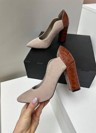 Экслюзивные туфли лодочки из итальянской кожи и замши женские на каблуке4 фото
