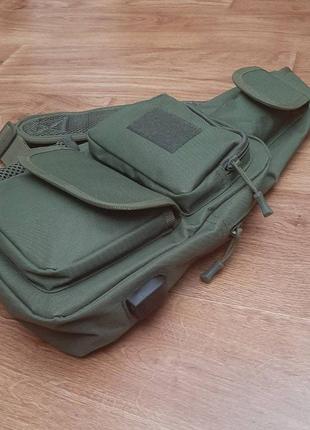 Тактична сумка-рюкзак олива, борсетка однолямкова + usb вихід3 фото